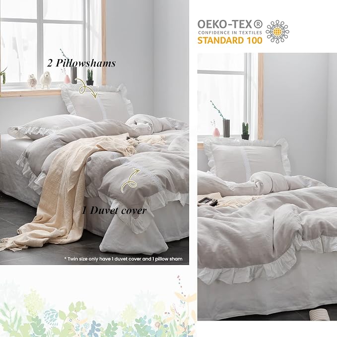 Simple&Opulence 100% Linen Duvet Cover Set (68''x86'') Frill Floral Flax Twin Size, Shabby Chic Ruffle Edge Lace Insert Decoration, 2 Pcs Farmhouse Bedding-1 Comforter Cover 1 Pillow Sham, Floral Grey