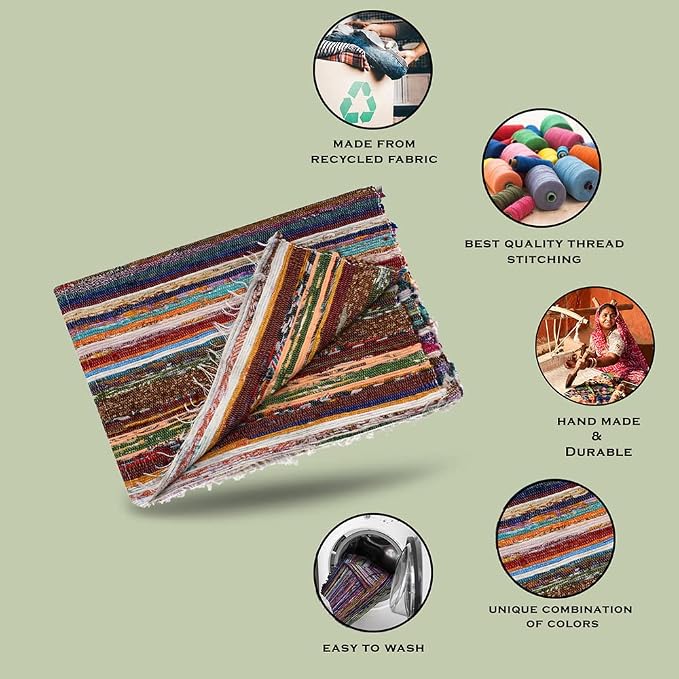 Chindi Cotton Rag Rugs 100% Eco-Friendly, 2-in-1 Reversible Multipurpose, Multicolor Hand-Woven Traditional Rugs (5ft X 3ft) for Living Room & Kitchen - White