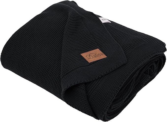 Dalisa 100% Organic Turkish Cotton Throw Blanket - GOTS Certified, Cozy - Perfect for Couch, Bed, and Home Decor - Boho Vintage Knit Alina (Black, 50x60)