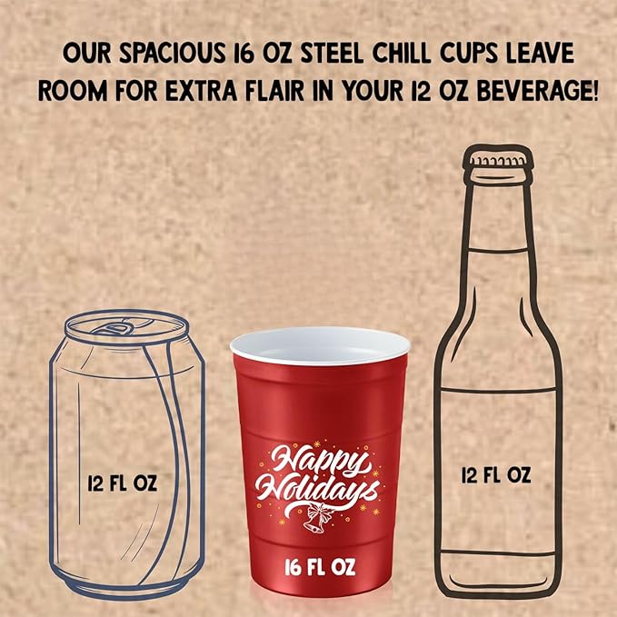 Steel Chill Cups 16 oz. Party Cups 'Happy Holidays' Christmas Tree Design for Cold Drinks, Durable, Disposable, Recyclable, Made in USA, Red, 12 Count