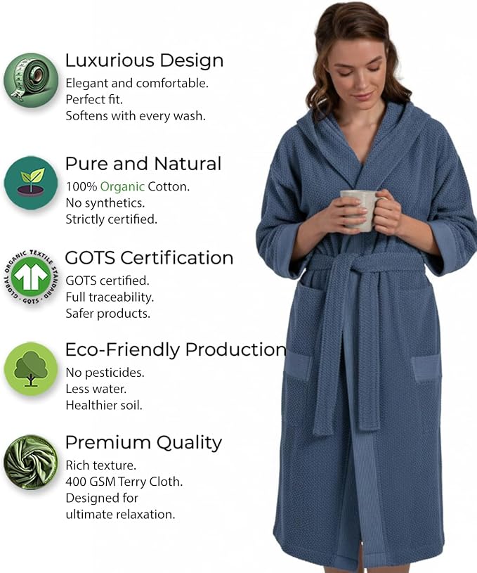 SEYANTE Turkish Cotton Bathrobe for Women - Organic GOTS Certified Terry Hooded Kimono Robe - Spa Quality Women's Cotton Robe