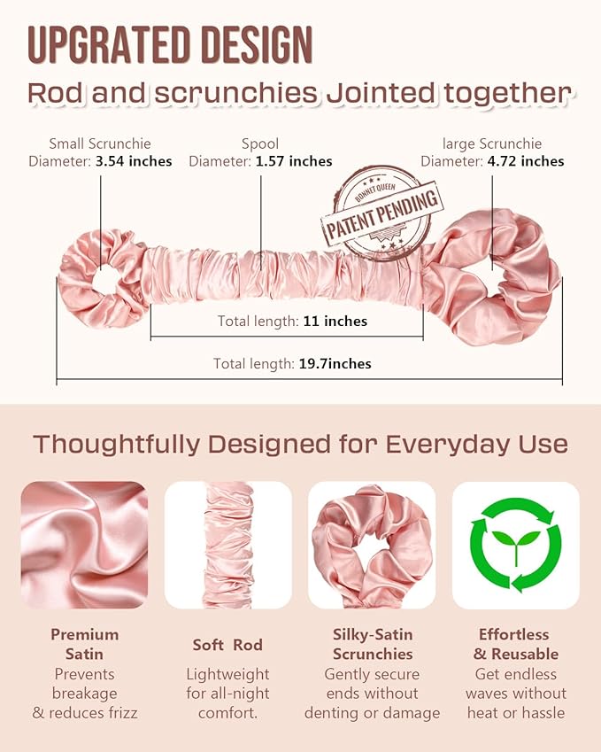 BONNET QUEEN Multi-function Satin Heatless Hair Curler & Hair Tie Non-Heating Hair Roller Curling Rod with Scrunchie, Large, Cream Pink(For Big Curls)