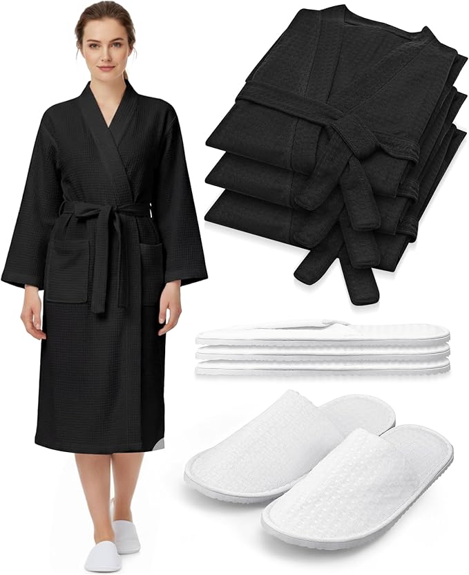 Jecery Waffle Bathrobe and Slippers Bulk Set Spa Robes Hotel Bath Lightweight Thin Commercial Soft for House Shower Party