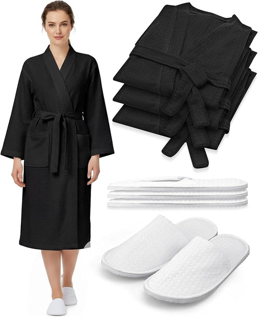 Jecery Waffle Bathrobe and Slippers Bulk Set Spa Robes Hotel Bath Lightweight Thin Commercial Soft for House Shower Party