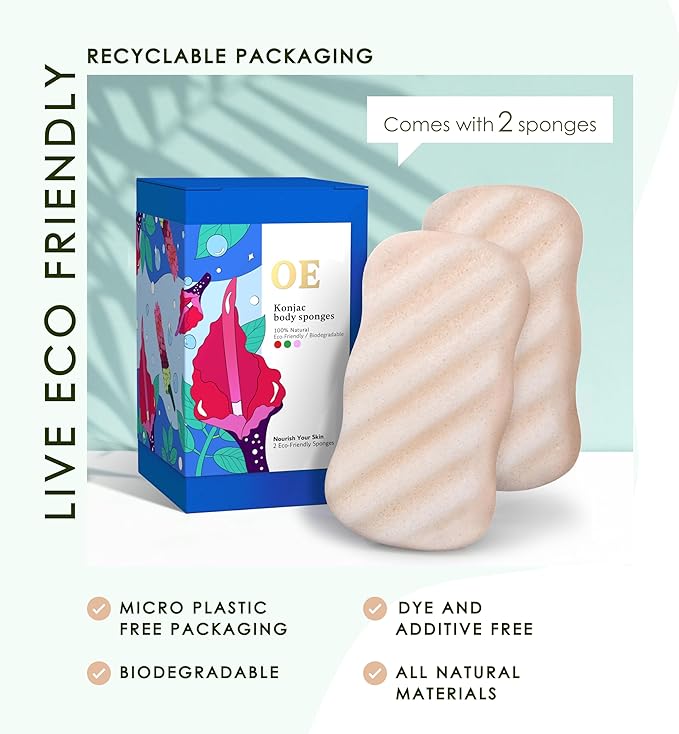 Konjac Sponge Body (2 Pack) | Microplastic Free Soft Plant Based Vegan Fiber | Sustainable | 100% Natural + Non-Toxic | Biodegradable | Eco-Friendly | Plastic Free Packaging