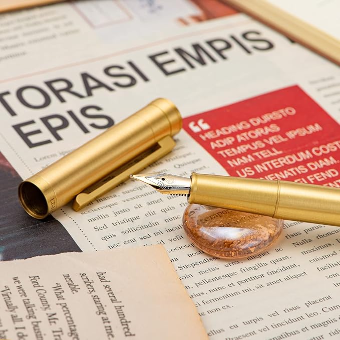 HONG DIAN Forest Pro Raw Brass Fountain Pen, Extra Fine Nib Classic Design Smooth Writing Copper Pen with Converter and Metal Pen Case Set