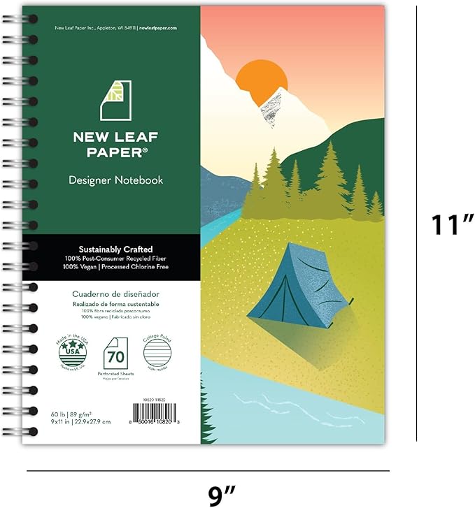 Large Spiral Bound Recycled Notebook, Camping Design, 11" x 9", 70 Sheets, Double-Wire, College Ruled, Vegan, Made in USA