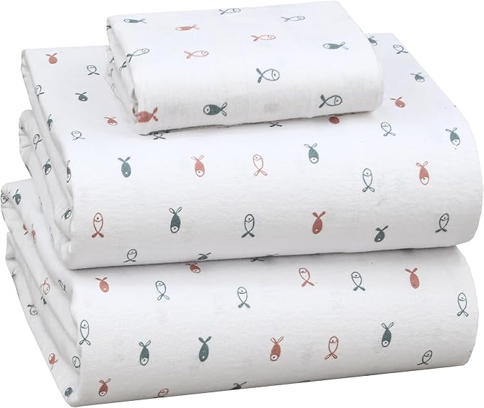 RUVANTI Flannel Sheets Twin Size - 100% Cotton Double Brushed Twin Sheets Set, Deep Pockets 16 Inches, All Seasons Breathable & Extra Soft Bed Sheets, Warm & Cozy, 3 Piece, Little Swimmers