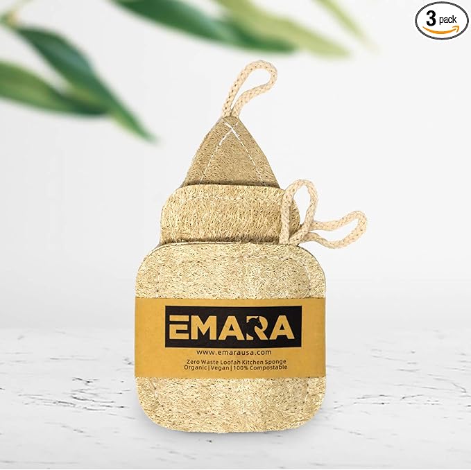 EMARA All Natural Kitchen Sponge Set of 3, Zero Waste Loufa, Organic, Vegan, 100% Biodegradable and Compostable, Durable, Reusable, Eco-Friendly Dishwashing Cleaning luffa Scrubber with Cotton String