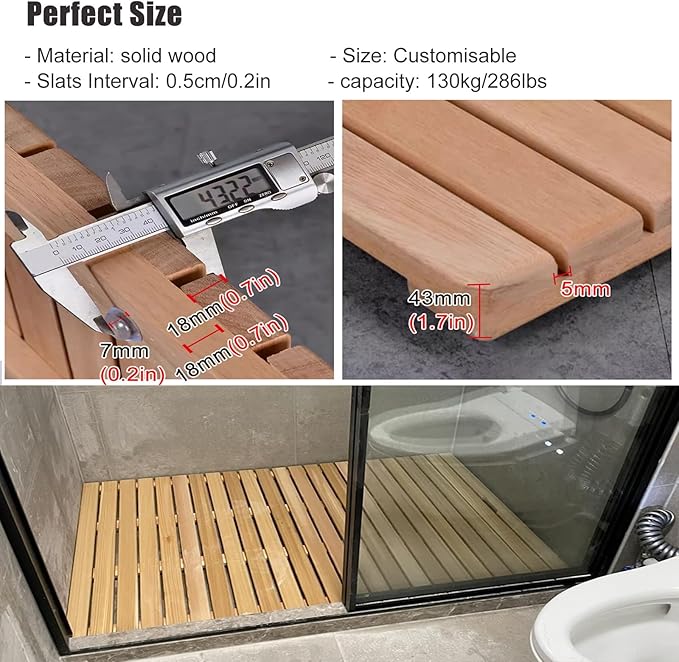 Solid Wood Shower Floor Mat - Available in 21”, 24”, 27”, 30”, 33”, 36” Sizes | Deluxe Non-Slip Bamboo Bath Mat with Center Drain Hole for Shower, Sauna, Spa, Yard(33x33in(83.3x83.3cm))