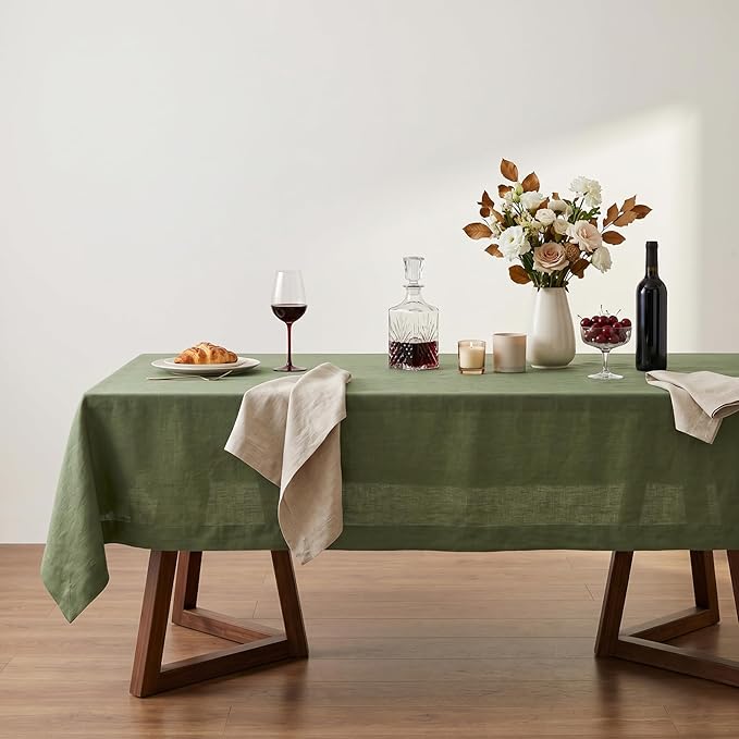 Solino Home Linen Tablecloth 60 x 156 Inch - 100% Pure Linen Oil Green Table Cloth for Rectangle Tables - Fete, Machine Washable Tablecloth for Summer