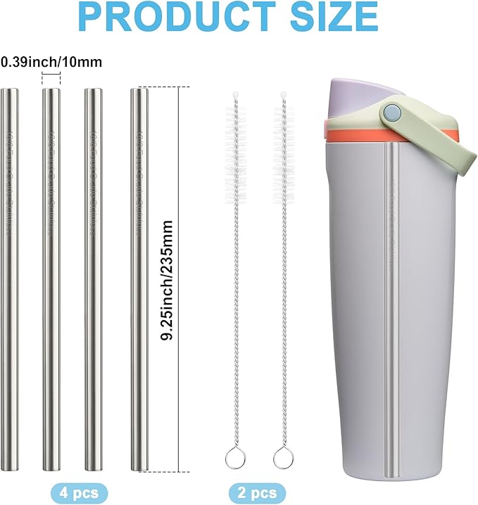 Metal Straw Replacement Set Compatible with Owala FreeSip Sway 40oz Bottles, 9.25" Durable Stainless Steel Replacement Straws with 2 Cleaning Brushes-4 Pack