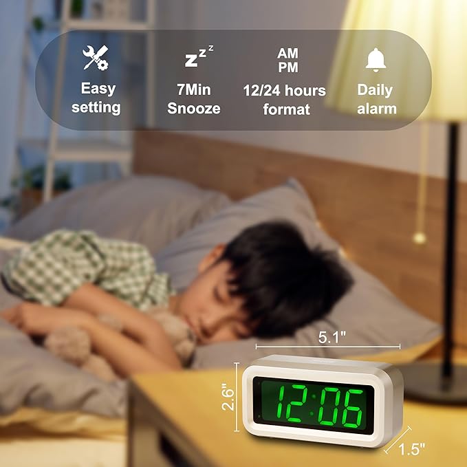 Digital Alarm Clock Battery Operated with LED Display for Bedrooms, Long Battery Life for 12 Months, 3 Brightness Adjustable, 12/24 Hour, Snooze, Golden Case with Green Digits