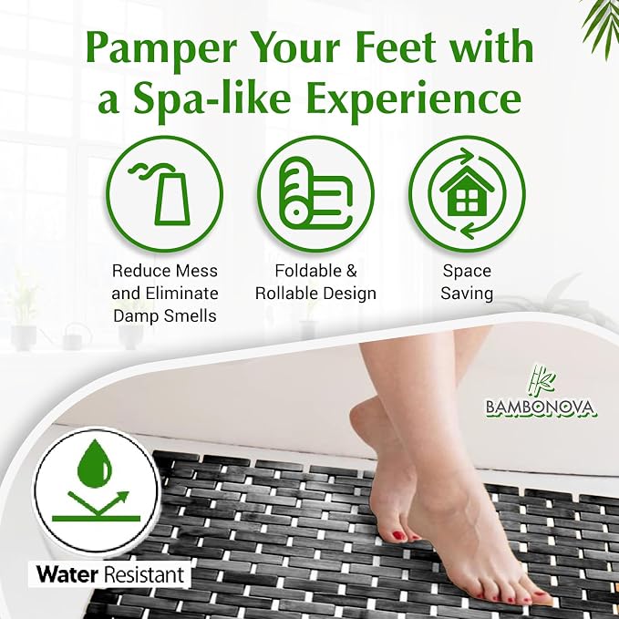 Bamboo Bath Mat Black 24 x 16 Inches and Soap Dish Set Bathroom Rugs Non Slip Washable Bamboo Shower Mat Bathtub Mat Non Slip for Kitchen Sauna Spa Hot Tub Outdoor Bathroom Décor