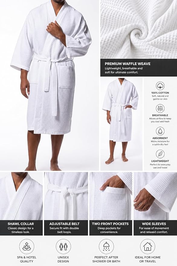 C&A COLLECTION Bath RObe waffle knit 100% cotton Light weight one size fits most Unisex for Spa,hotel and bath, White