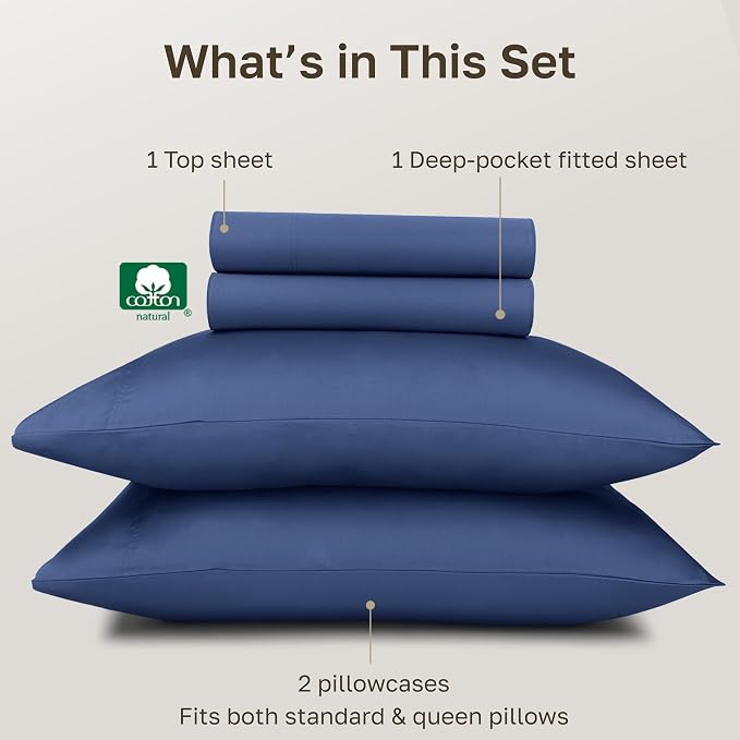 California Design Den Full Size Bed Sheets Set - Certified Authentic Luxury 100% Egyptian Cotton Sheets, Soft Sateen, Deep Pockets with Gripper Elastic, Breathable, Durable Luxury Bedding - Navy Blue