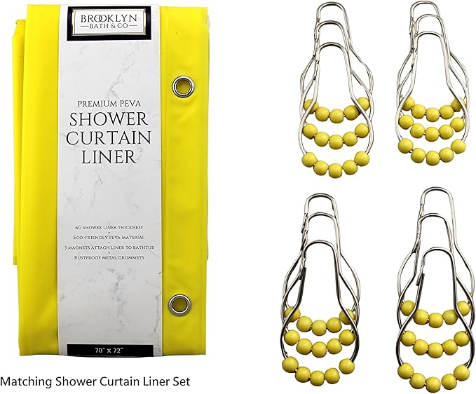 Dependable Industries inc. Essentials Decorative PEVA Shower Curtain Liner - PVC-Free, Odorless with Magnetized Bottom, Rustproof Grommets & Yellow Chrome Finish Roller Ball Hooks Set