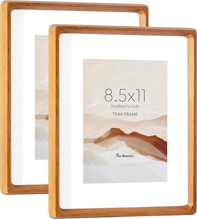 8.5 by 11 Picture Frame, USA-Sourced Teak Wood Photo Frame with HD Tempered Glass, Handcrafted Rounded Corner 8.5 x 11 Picture Wooden Frames Matted to 6x8 Photos, Tabletop or Wall Display-2p | Hd Tempered Glass