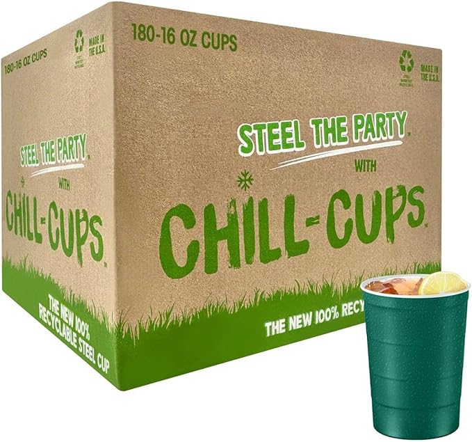 Steel Chill Cups 16 oz. Party Cups, Perfect for Cold Drinks, Sturdy & Durable, Disposable and 100% Recyclable, Made in USA, Green, 180 Count