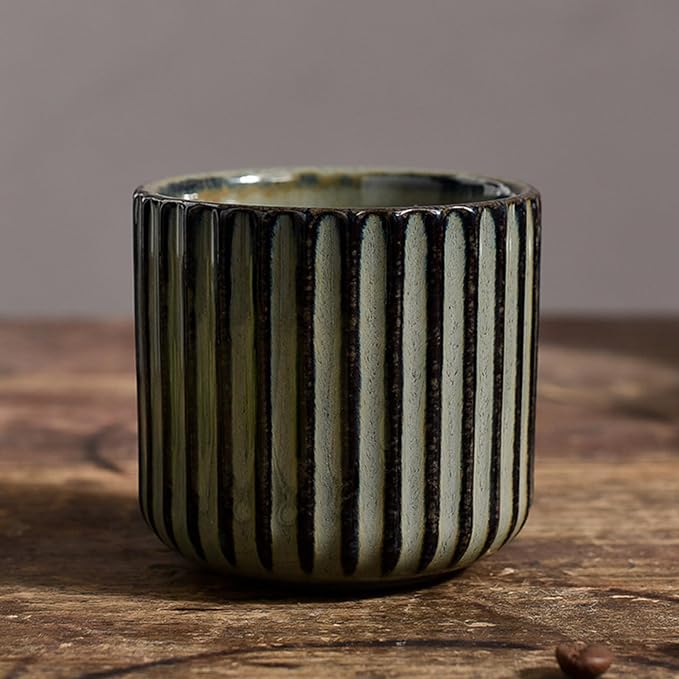 Vintage Ceramic Mug, Japanese Tea Cup 6oz Striped Cup No Handle Drinking Cup for Espresso, Cortado, Matcha, Green Tea, Microwave and Dishwasher Safe, Kiln Transformation Cup (Gray)