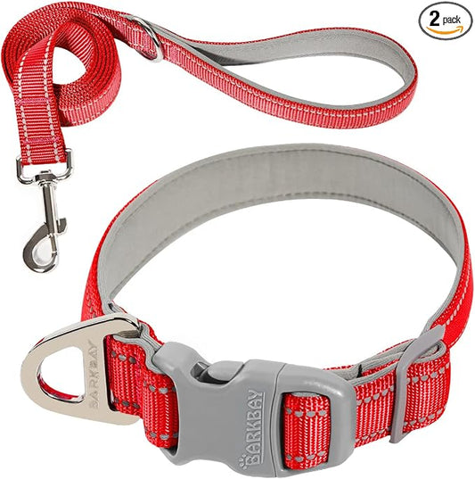 Dog Collar for Medium Small Large Dogs Reflective with Leash,Collar and Leash for Dogs,Soft Neoprene Padded 2 Pack(Red,L)