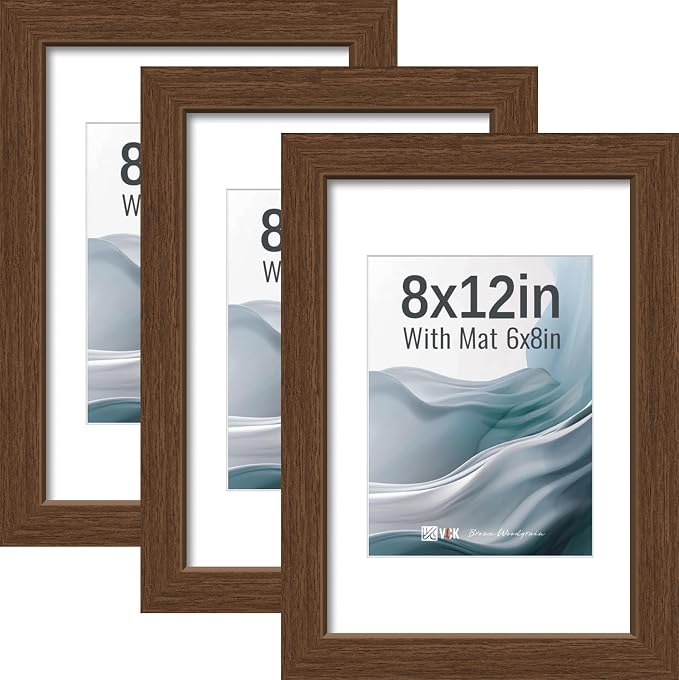 VCK 8x12 Picture Frames Brown - 3 Pack, Wide Border Wood, Tempered Glass, Display 6x8 Photo with Mat or 8 x 12 Without,for Home, Office, Gallery, Woodgrain Series, Tabletop & Wall Hanging