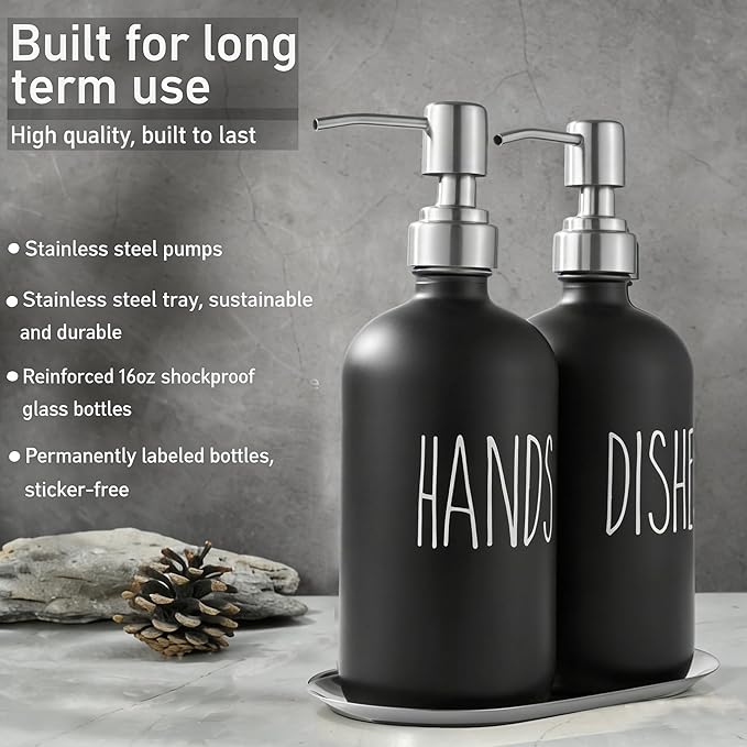 Black Soap Dispenser Set, Glass Soap Dispenser with Stainless Steel Pump & Tray, Farmhouse Hand Soap Dispenser & Dish Soap Dispenser for Bathroom Kitchen Sink(2 Black)