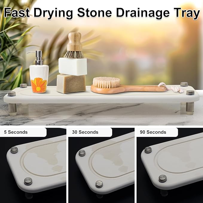 2PCS Water Absorbing Stone Trays, Diatomite Bathroom Counter Tray, Caddy Kitchen Sink Organizer Tray, Faucet Drying Mat Coaster Soap Dish Riser Dispenser Sponge Holder (White, 12'' x 4'')
