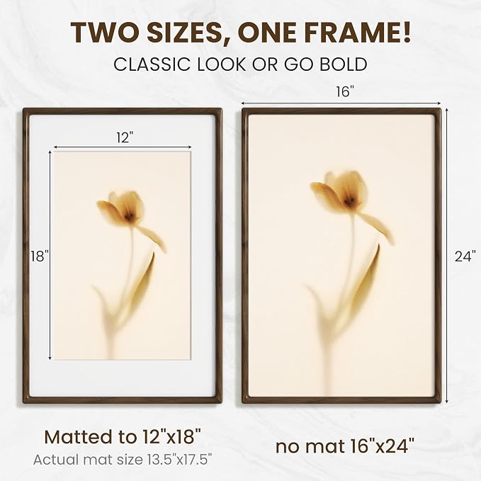 16x24 Poster Frame, USA-Sourced Walnut Wood Frame Wall Mounted, 16x24 Picture Frame with Real Glass, 16 x 24 Picture Frame Matted to 12x18 Photo for for Vertical & Horizontal Hanging, 1 Pack