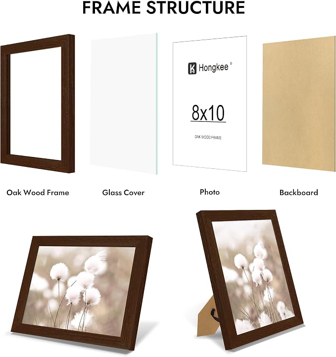 Hongkee 8x10 Oak Wood Picture Frame, Display 8 x 10 Photo with Tempered Glass Cover, Horizontal and Vertical Display for Wall or Tabletop (Walnut, Set of 1)