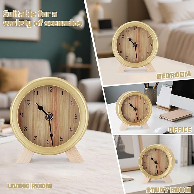 Maxspace Wooden Analog Clock, Small Silent Bedside Desk Clock Battery Operated, Elegant and Decorative Table Clock with Wooden Frame for Living Room, Bedroom, Bedside, Desk (Gold)
