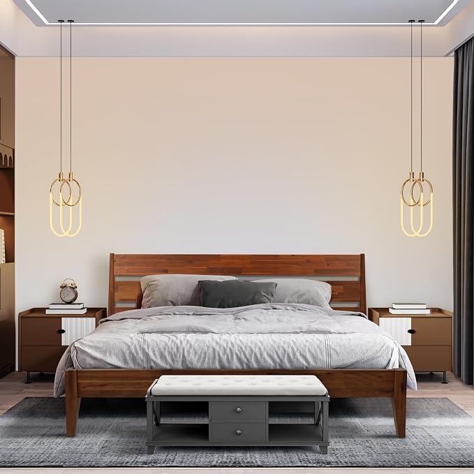 Acacia Emery Bed Frame with Headboard Solid Wood Platform Bed, Queen Size Bed Frame, Mid - Century Modern Wood Bed Compatible with All Mattresses, Easy Assembly, Non-Slip, Chocolate.