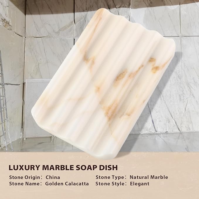 Koville 2PCS Natural Marble Soap Dishes for Shower, Golden Calacatta Marble Soap Dish, Stone Soap Tray for Bathroom, Bar Soap Holder for Sink, Stripe Grooves Saver Keep Bars Dry Easy Clean