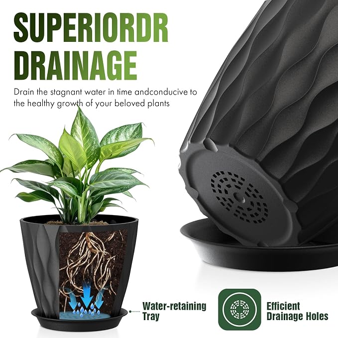 8 Inch Plant Pots 4 Pack Plastic Planters with Drainage & Saucers | 8 inch 4 pack plastic plant pots with 3D water ripple texture, drainage holes and saucers for indoor outdoor plants