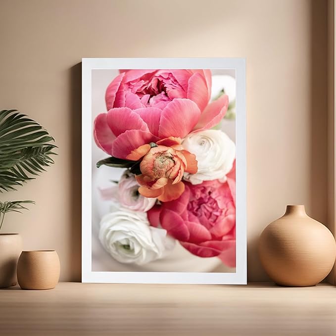Monem Art Pink Peony Floral Macro Photography Print - Romantic Flower Art Poster - Wall Decor for Living Room, Bedroom or Office - 16x20 White Framed Wall Art by Mareike Bohmer