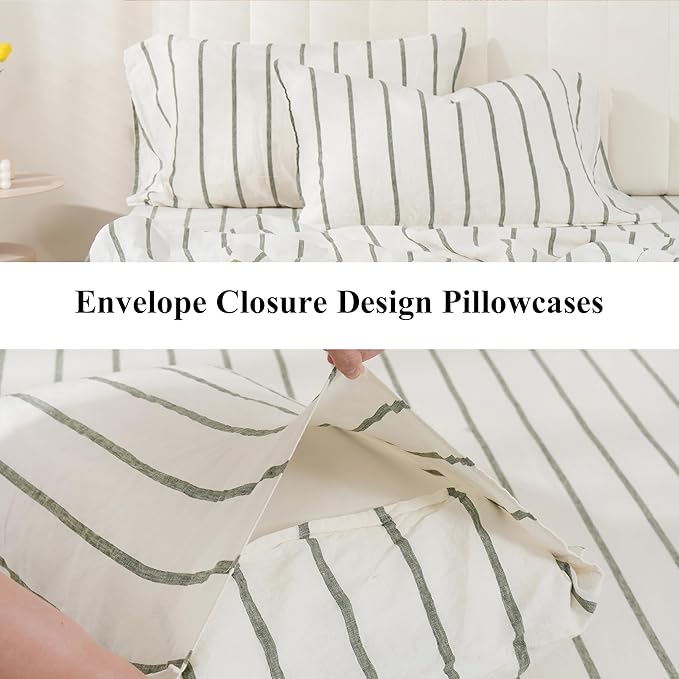 S VICTORY SYMBOL 100% Organic Linen Duvet Cover Set,Yarn Dyed Green Vertical Stripe French Natural Flax Bedding Set Queen Size,3pcs Farmhouse Comforter Cover Set