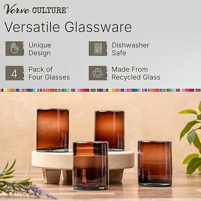Verve CULTURE Mexican Hand Blown Drinking Glasses, Unique Handmade Glassware, Short Tamarind Glass Cups for Cocktails, Juice, Mixed Drinks, Elegant Tabletop Drinkware, Set of 4, 13oz. Each