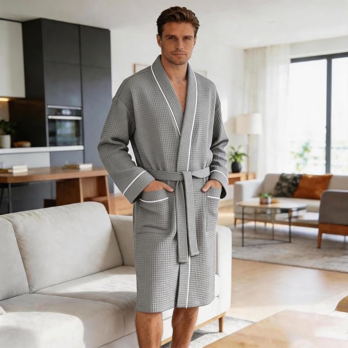 Inner Wish Men's Cotton Waffle Kimono Robe, Lightweight Soft Spa Shower Bathrobe, Hotel Lounge Robes for Men