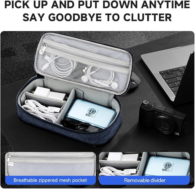 Teskyer Tech Organizer Pouch – Portable Waterproof Electronics Bag with Compartments for Cables, Chargers, Earbuds & Phone (Navy Blue)