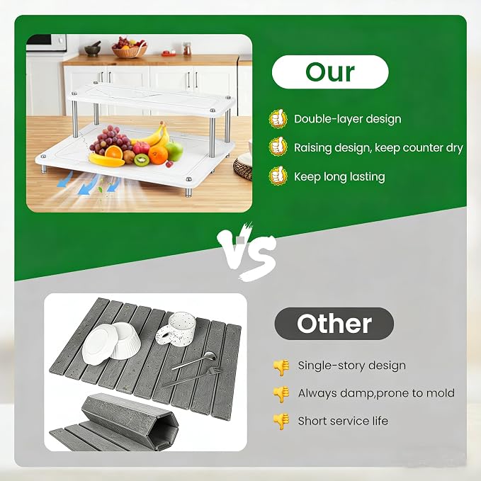 Stone Dish Drying Rack, Double-layer Stone Dish Drying Mat for Kitchen Counter,Super Absorbent Diatomaceous Earth Dish Dry Rack with Non-Slip Stainless Steel Feet for Kitchen/Bedroom/Bathroom Supplies