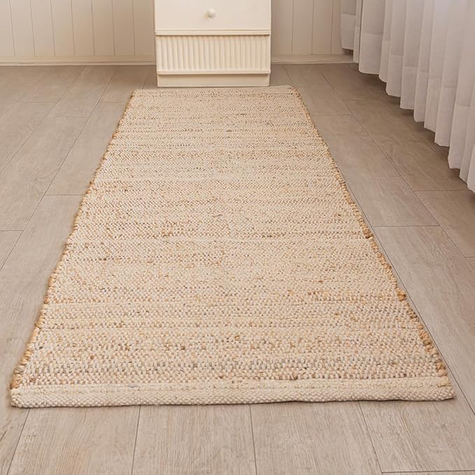 HOMEMONDE Hand Woven Jute Cotton Runner Rug - 2' x 6' ft Natural Fiber Braided Rustic - Vintage Boho Décor Farmhouse Area Rug for Hallway, Bedroom, Kitchen, Office