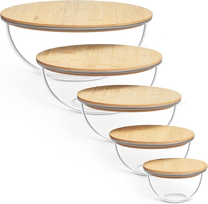 Vtopmart 4 Pack Glass Containers and 5 Pack Glass Mixing Bowls with Bamboo Lids