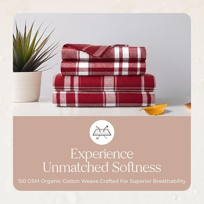 100% Organic Flannel Sheets Full Size - GOTS Certified 100% Cotton Flannel Sheets Set with Comfortable Soft Brushed Finish & Deep Pocket - 1 Flat 1 Fitted & 2 Pillowcases (Plaid, Full)
