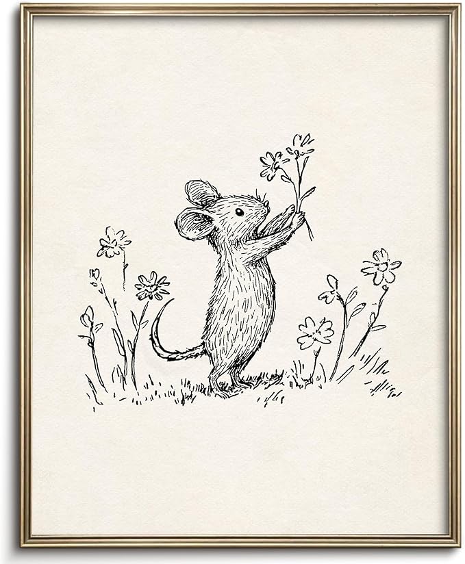 Vodefoad Woodland Mouse Sketch Art Print Vintage Wall Art Decor Neutral Nursery Toddler Room Picture Decor Mouse Sketch Farmhouse Style Wall Decor for Gallery Nursery Bedroom Bathroom Office - 8x10Inch Unframe