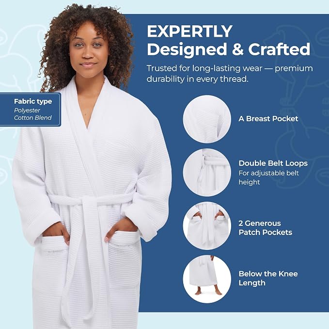 MONARCH Unisex Plush Lined Waffle Spa Robe – Soft and Warm Textured Fabric, Generously Sized Hotel & Spa Robe with Pockets