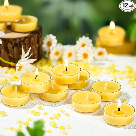 12 Pack Pure Beeswax Tea Light Candles-Natural Beeswax Tealight Candles-2 Hour Short Burn Time Tea Candle for Meditation, Yoga,Shabbat and Home Decor Air Purifying-Smokeless