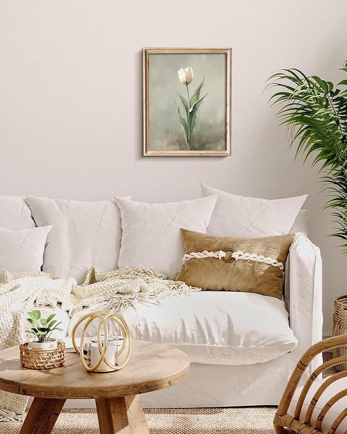 Vodefoad Vintage Neutral White Tulip Wall Art, Neutral White Tulip Wall Art, Minimalist Spring Flower Painting, Retro Botanical Print, Eater Farmhouse Decor for Gallery Home Bedroom Farmhouse Bedroom - 8x10Inch Unframe