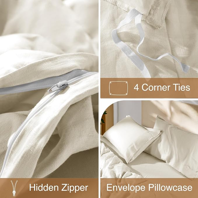 SONORO KATE 100% French Linen Duvet Cover Queen Size, Soft Breathable for Hot Sleepers, Moisture Wicking & Durable Cover Set - Zipper Closure & 4 Corner Ties Duvet Covers 3 Piece (Cream,Queen)