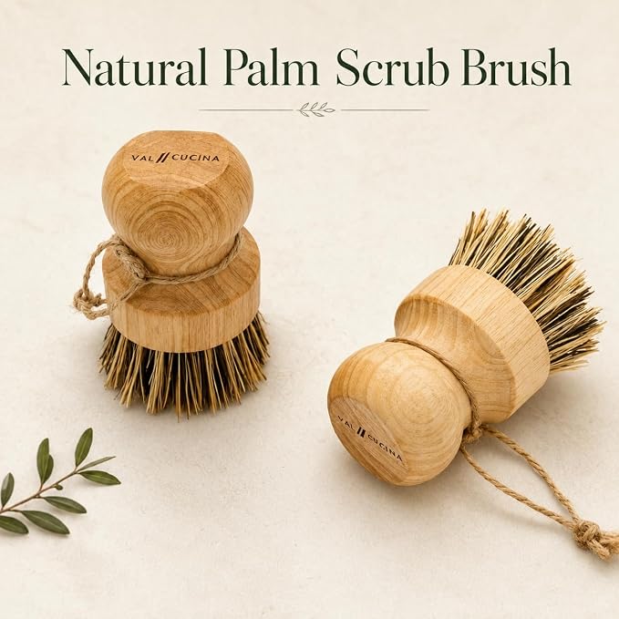 VAL CUCINA Natural Bamboo Dish Brush 2 PCS - Eco-Friendly Wooden Scrub Brush for Dishes, Pots, Pans and Cast Iron Skillet - Plant-Based Sisal & Coconut Bristles Kitchen Sink Scrubber