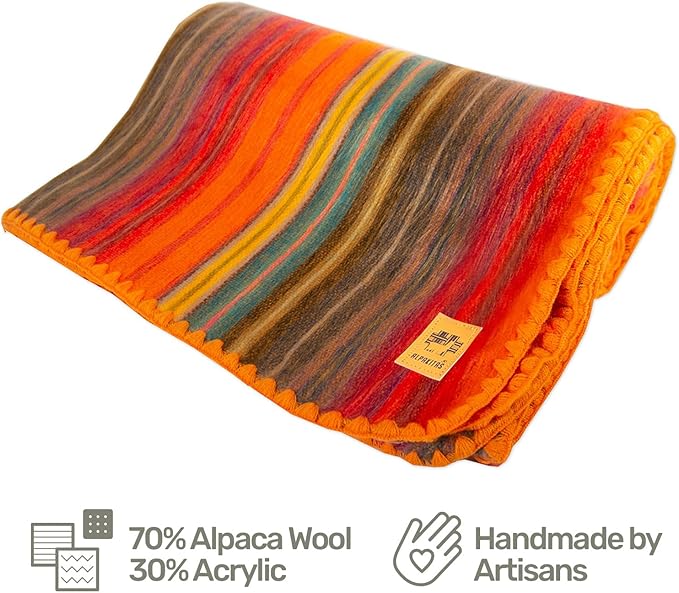 ALPAKITAS Alpaca Wool Blanket - Queen Size Bed Blanket - Alpaca Throw Blanket - Best Gift & Warm Blanket, Lightweight, Couch Blanket or Camp - Outdoor Blanket - 87 x 64 Inches (Orange)
